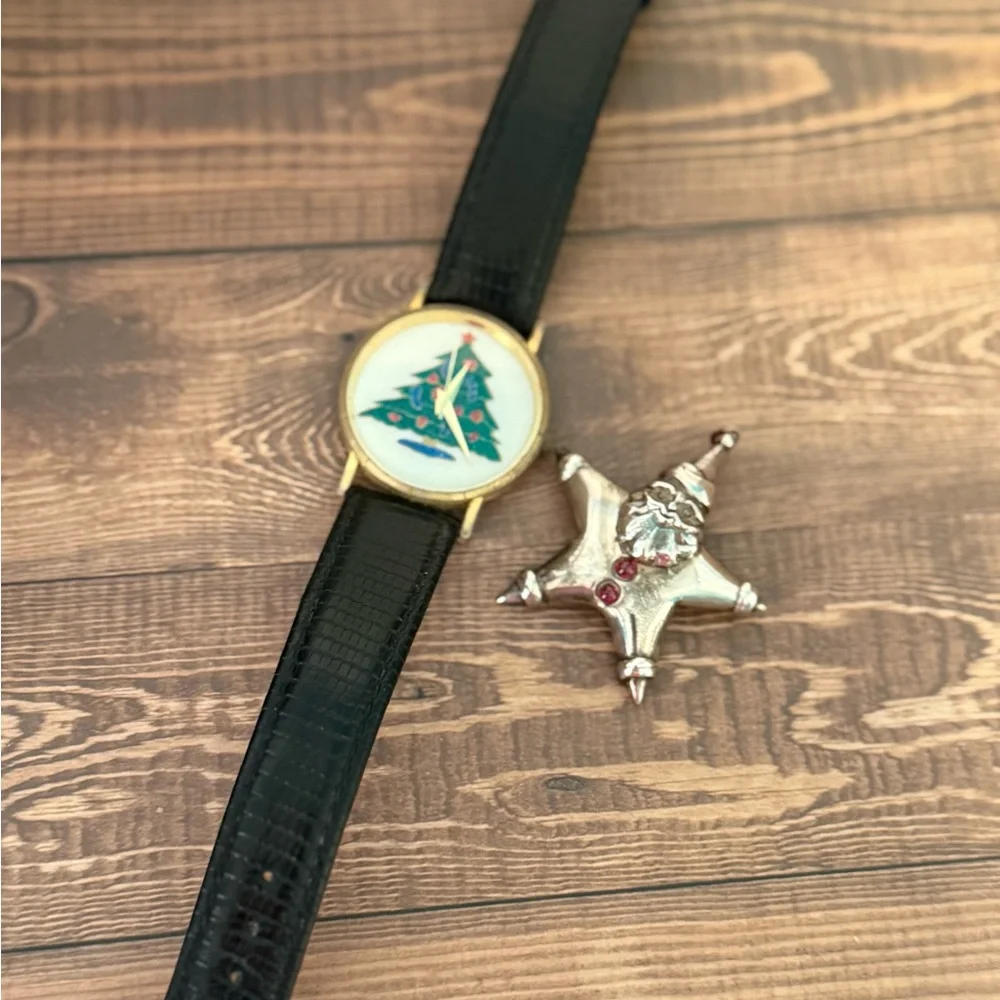Vintage Holiday Bundle Santa Pin Christmas Tree Watch